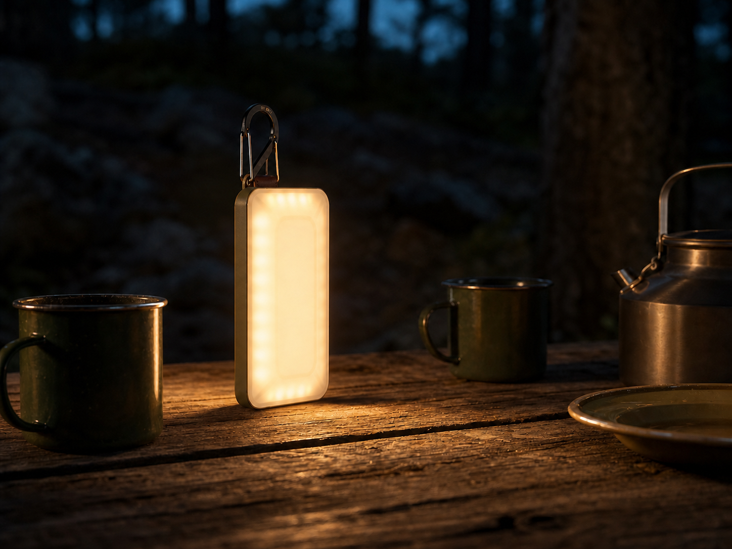 Khonsu E3 rechargeable camping lantern providing warm light on a campsite dinner table
